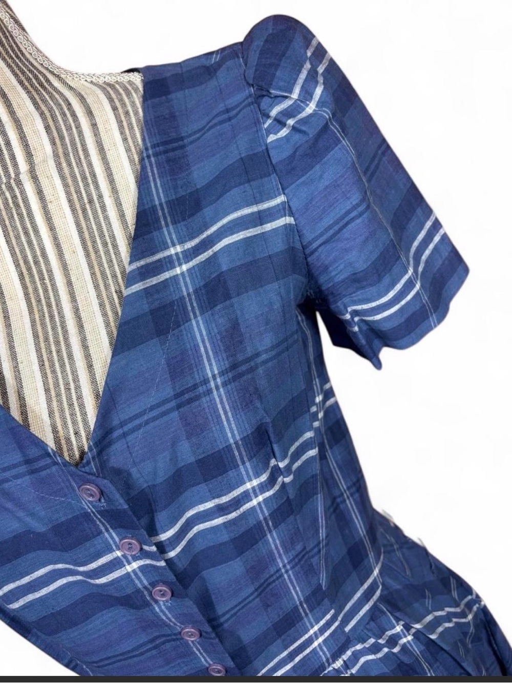 Diane Von Furstenburg 1970s vintage 100% multi tone blue cotton plaid midi dres - Picture 4 of 8